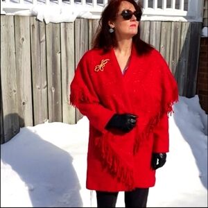 Vintage Red Wool Fringe Embroidered Pea Coat Western Bohemian Winter